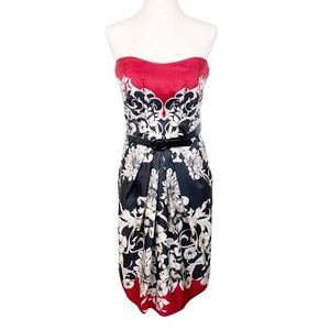 White House Black Market 2000s Y2K Red Printed Silk Strapless Belted Dress Sz 2